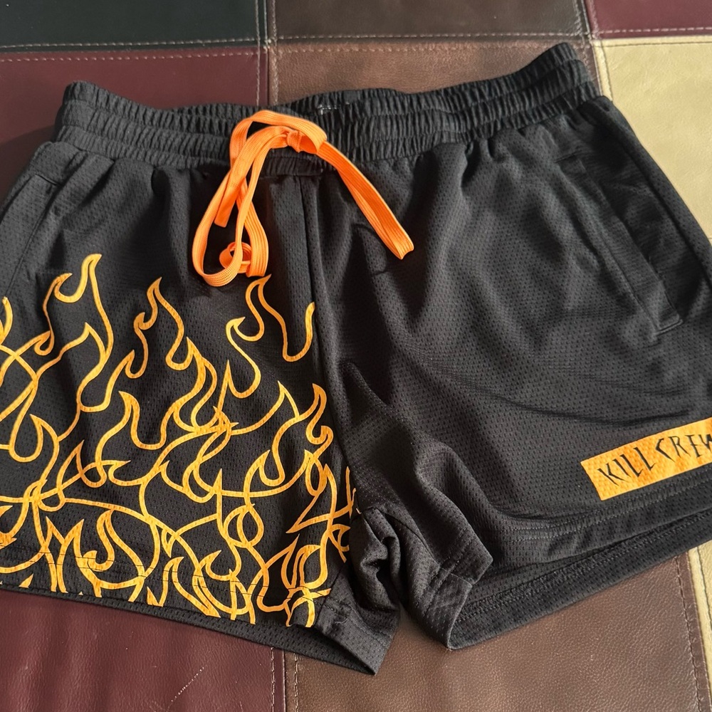 Kill Crew Black and Orange Athletic Flame Shorts
